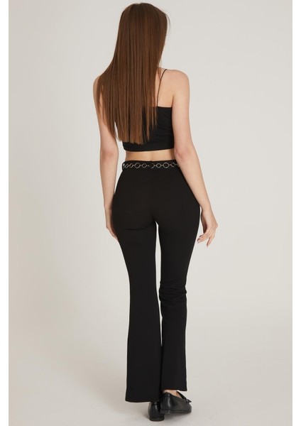 Kadın Zincir Detaylı Ispanyol Paça Pantolon M1643 Siyah indirimleri