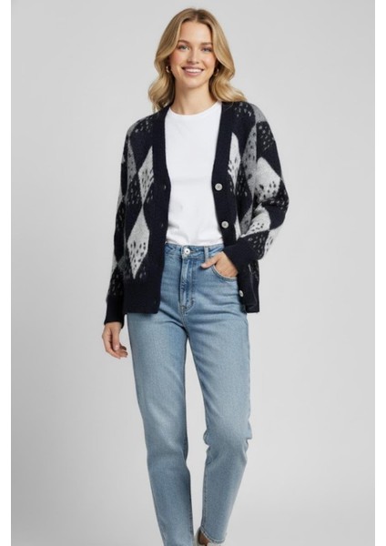 Kadın Baklava Desenli Yumoş Hırka M2331 Lacivert