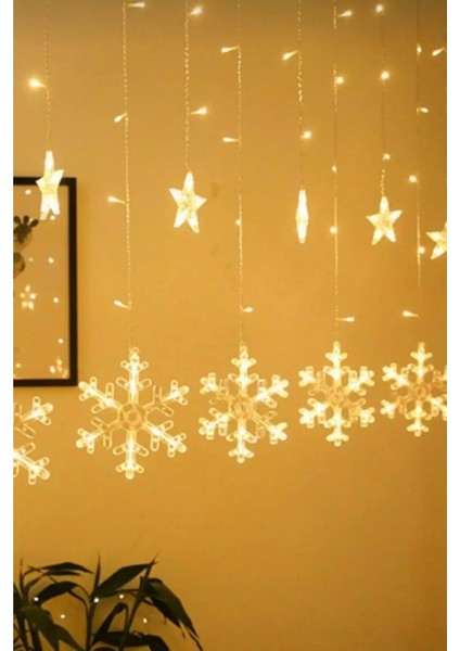 Kar Tanesi Yıldız Günışığı Perde LED 3m Fişli 8 Fonksiyonlu Yılbaşı Dekor Işık