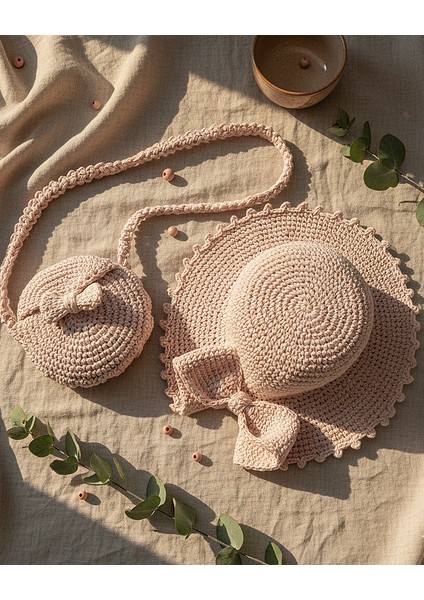 Bohem El Örgüsü Kız Çocuk Şapka-Çanta Seti (Kağıt Ip)