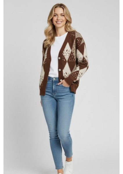 Kadın Baklava Desenli Yumoş Hırka M2331 Kahve