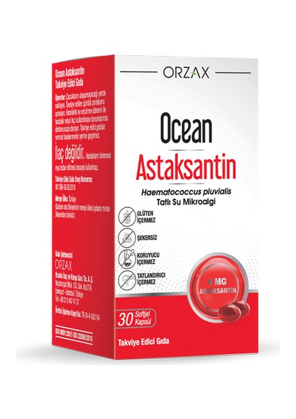 Orzax Astaksantin 30 Kapsül - Dezenfektan Hediyeli (%72 Alkol)