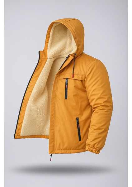 Erkek Çıkarılabilir Kapüşonlu Içi Kürklü Su Geçirmez Erkek Mont Ceket