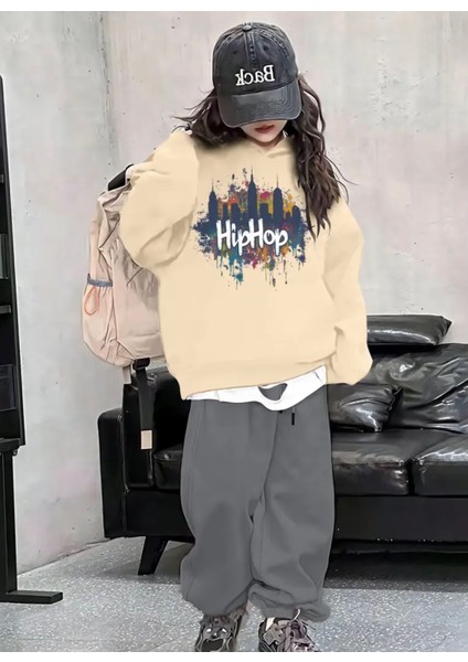Özel Tasarım Hip Hop Graffiti Baskılı %100 Pamuk Oversize Kışlık Kız Çocuk Eşofman Takımı