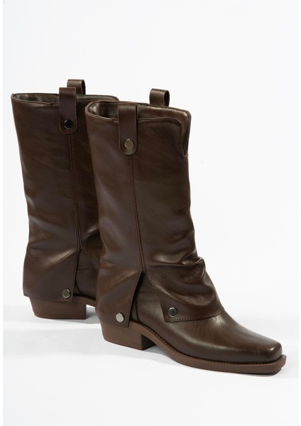 Kadın Deri Kovboy Çizme Küt Burunlu Körüklü Kahve Texara