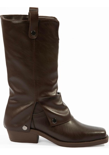 Kadın Deri Kovboy Çizme Küt Burunlu Körüklü Kahve Texara fiyatları