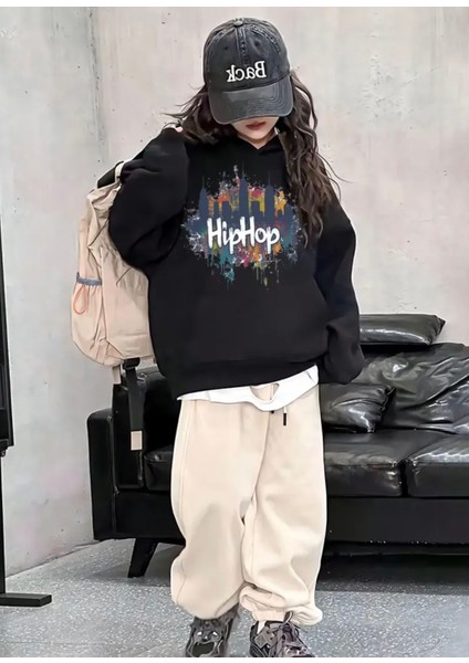 Özel Tasarım Hip Hop Graffiti Baskılı %100 Pamuk Oversize Kışlık Kız Çocuk Eşofman Takımı