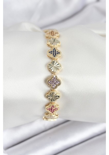 Kadın için Bileklik Künye Pirinç Zirkonlu Prestij Yonca