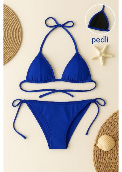 Kadın Mavi Yandan ve Boyundan Bağlamalı Bikini Mayo Takımı - Mavi - L-Xl