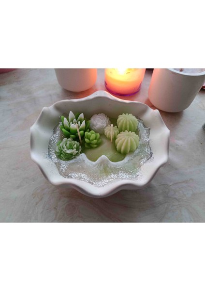 “sukulent Şeklinde Kase Mum – Jel Zeminli El Yapımı Dekoratif Mum” fiyatları