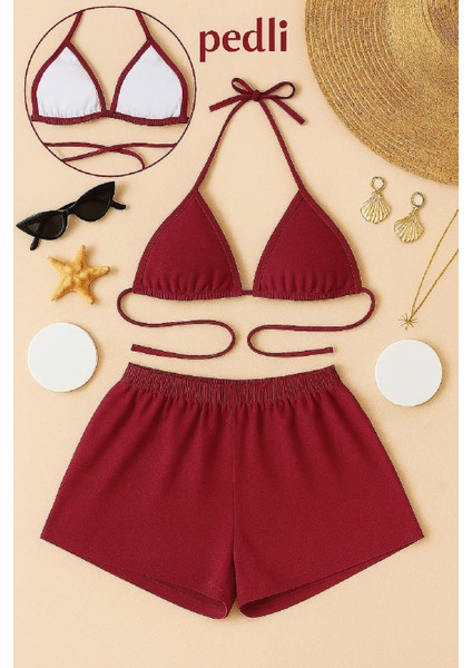 Kadın Bordo Şortlu Belden ve Boyundan Bağlamalı Bikini Takımı - Bordo - L-Xl