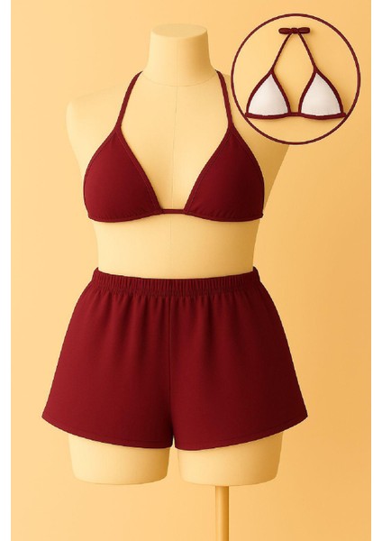 Kadın Bordo Şortlu Belden ve Boyundan Bağlamalı Bikini Takımı - Bordo - L-Xl fiyatları