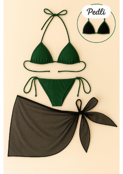 Kadın Yeşil Siyah Pareolu Yandan ve Boyundan Bağlamalı 3'lü Bikini Takımı - Yeşil - L-Xl