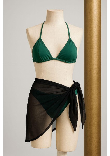 Kadın Yeşil Siyah Pareolu Yandan ve Boyundan Bağlamalı 3'lü Bikini Takımı - Yeşil - L-Xl fiyatları