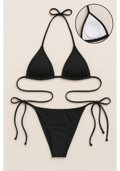 Kadın Siyah Yandan ve Boyundan Bağlamalı Bikini Mayo Takımı - Siyah - L-Xl