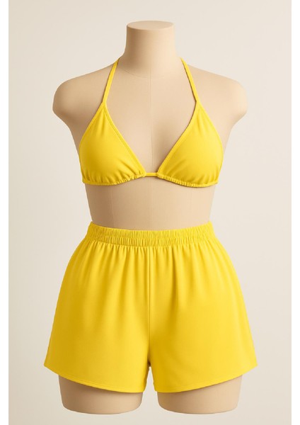 Kadın Sarı Şortlu Belden ve Boyundan Bağlamalı Bikini Takımı - Sarı - L-Xl