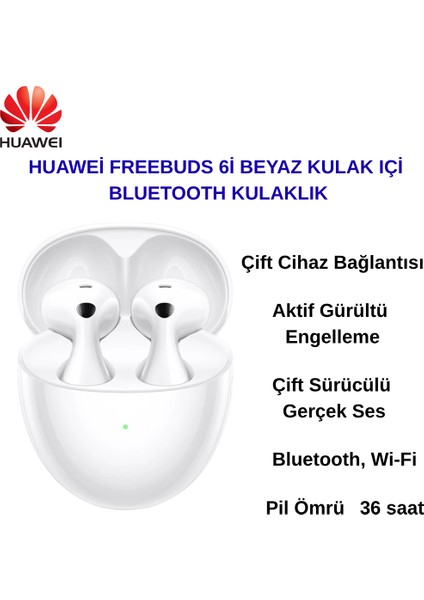 Huaweı Freebuds 6 ,bluetooth ,aktif Gürültü Engelleme, 36 Saat Batarya Ömrü, IP54 Suya Dayanıklılık,beyaz