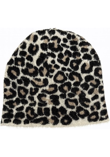 Kadın Yumuşacık Leopar Desenli Akrilik Kumaş Saçaklı Tüylü Bere – Sıcak Tutucu Kışlık Şapka