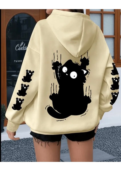 Punıx Büyük Beden Özel Seri Kapüşonlu Siyah Kedi Kol Sırt Baskılı Oversize Modern Kadın Sweatshırt