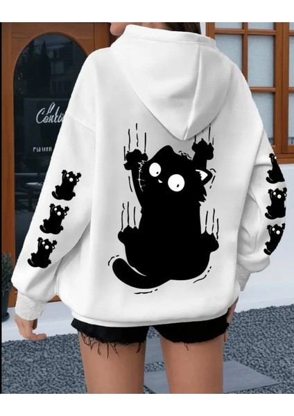Punıx Büyük Beden Özel Seri Kapüşonlu Siyah Kedi Kol Sırt Baskılı Oversize Modern Kadın Sweatshırt