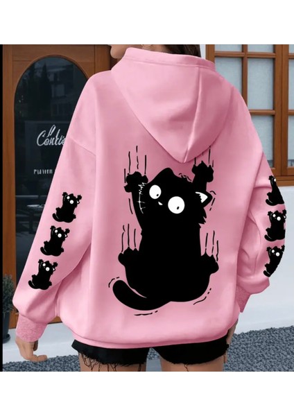 Punıx Büyük Beden Özel Seri Kapüşonlu Siyah Kedi Kol Sırt Baskılı Oversize Modern Kadın Sweatshırt