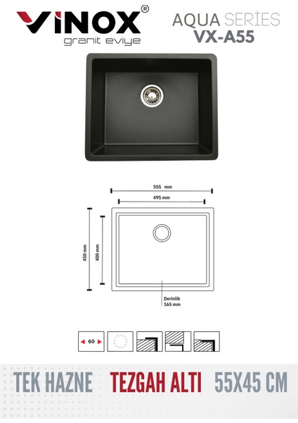 I I Granit Eviye Siyah Tek Göz Tezgah Altı Mutfak Evyesi 55X45CM (VX-A55) modelleri