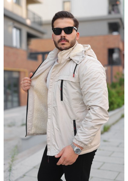 Erkek Içi Kürklü Kapüşonu Çıkarılabilir Su ve Rüzgar Geçirmez Kalın Mont