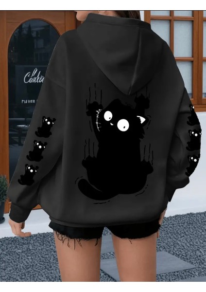 Punıx Büyük Beden Özel Seri Kapüşonlu Siyah Kedi Kol Sırt Baskılı Oversize Modern Kadın Sweatshırt