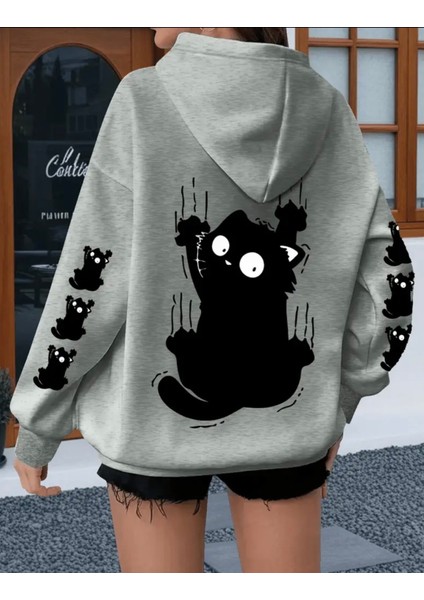 Punıx Büyük Beden Özel Seri Kapüşonlu Siyah Kedi Kol Sırt Baskılı Oversize Modern Kadın Sweatshırt