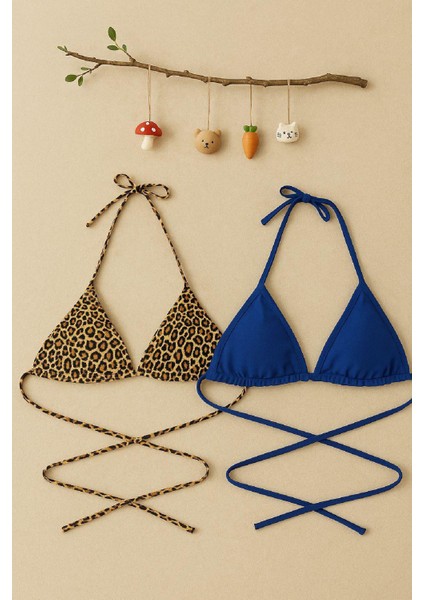 Kadın Leopar Desenli ve Mavi Minimal Kesim Üçgen Bikini Üstü - Çok Renkli - L-Xl modelleri