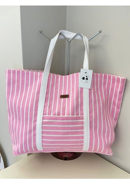 Pamuk Gabardin Kumaş Totebag Çanta-Pembe Beyaz Çizgili