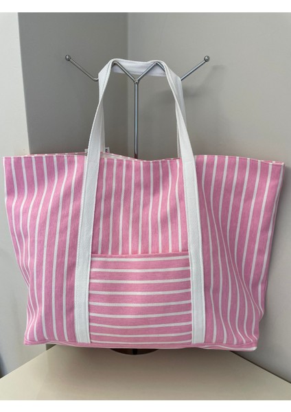 Pamuk Gabardin Kumaş Totebag Çanta-Pembe Beyaz Çizgili fiyatları
