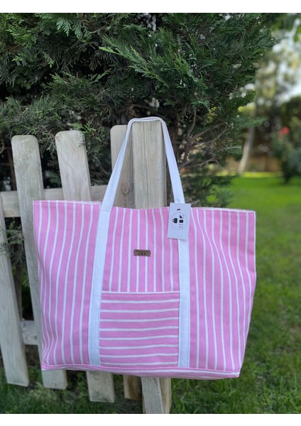 Pamuk Gabardin Kumaş Totebag Çanta-Pembe Beyaz Çizgili modelleri