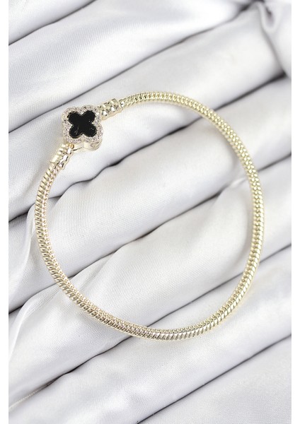 Kadın için Bileklik Künye Sarı Pirinç Charm Zirkonlu Stil Yonca