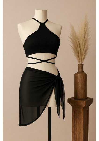 Kadın Siyah Çapraz Bağlamalı Crop ve Pareo 2'li Set - Siyah - L-Xl
