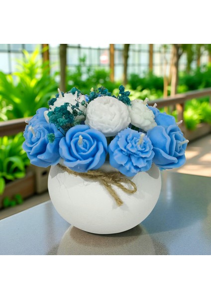 Mavi & Beyaz Çiçekli Kokulu Vazo Mum – %100 Soya Wax – El Yapımı Dekoratif Mum