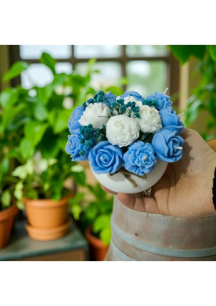 Mavi & Beyaz Çiçekli Kokulu Vazo Mum – %100 Soya Wax – El Yapımı Dekoratif Mum modelleri