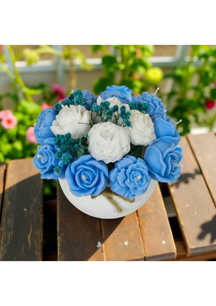 Mavi & Beyaz Çiçekli Kokulu Vazo Mum – %100 Soya Wax – El Yapımı Dekoratif Mum fırsatları