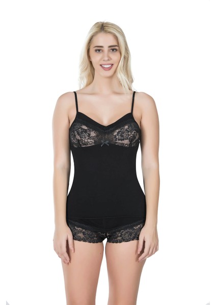 Ip Askılı Dantelli Atlet Şort Takım 071 - Siyah - L-Xl