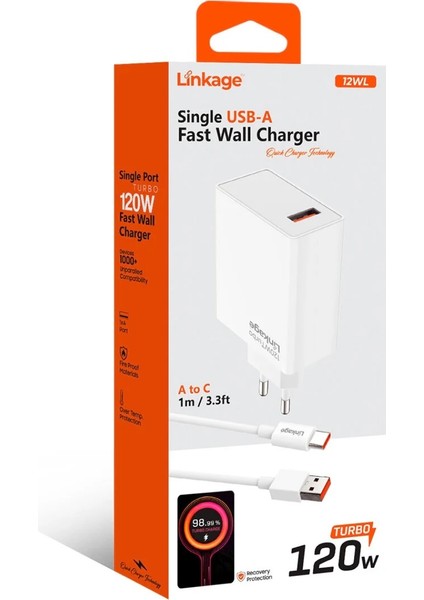 120W Turbo Hızlı Şarj Adaptörü + 1m Usb-A To Type-C Kablo | Tek Port | Ev & Seyahat Tip