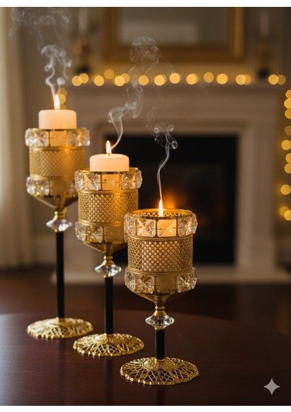 Gold Kristal Mumluk Şamdan Seti (3'lü)