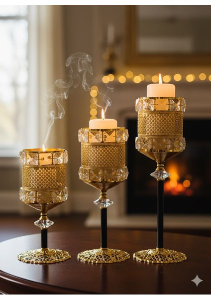 Gold Kristal Mumluk Şamdan Seti (3'lü) fiyatları