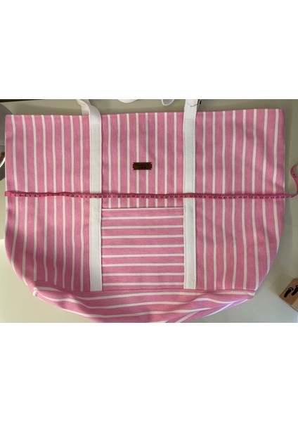 Pamuk Gabardin Kumaş Totebag Çanta-Pembe Beyaz Çizgili indirimleri