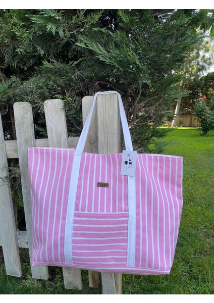 Pamuk Gabardin Kumaş Totebag Çanta-Pembe Beyaz Çizgili