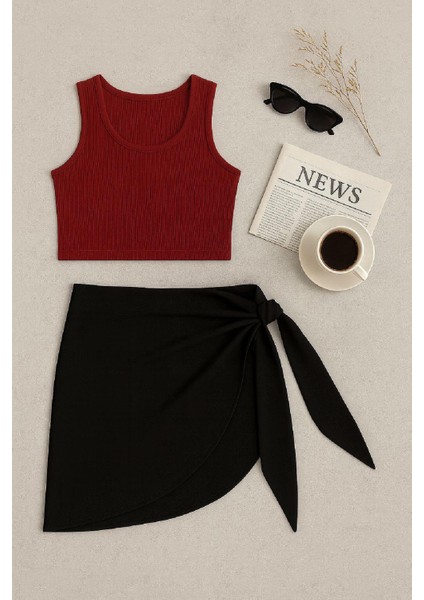 Kadın Bordo Yuvarlak Yaka Crop ve Siyah Pareo 2'li Set - Bordo - L-Xl modelleri