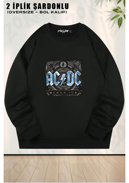 Unisex Ac Dc Baskılı Oversize Bisiklet Yaka Sweatshirt