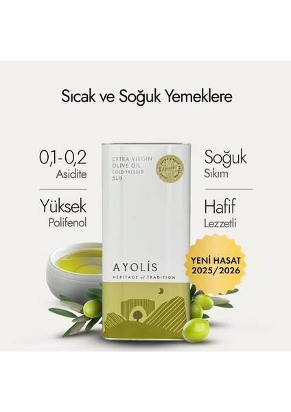 Premium Chef Ayvalık Zeytinyağı 5 lt Yüksek Polifenollü Soğuk Sıkım Natürel Sızma Zeytinyağı