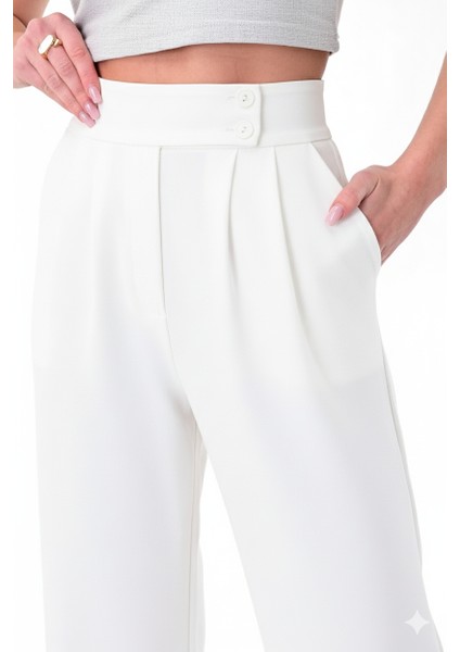Kadın Beyaz Çift Düğmeli Palazzo Pantolon