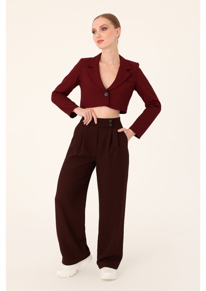 Kadın Vişne Çift Düğmeli Palazzo Pantolon