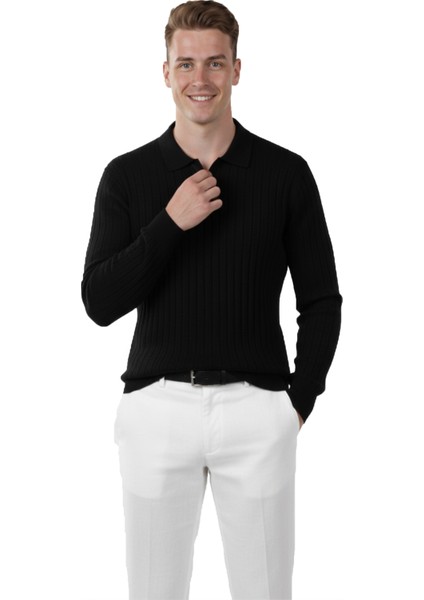 Erkek Siyah Polo Yaka Fitilli Triko Kazak – %100 Pamuk, Esnek Dokulu, Modern Kalıp 2605305